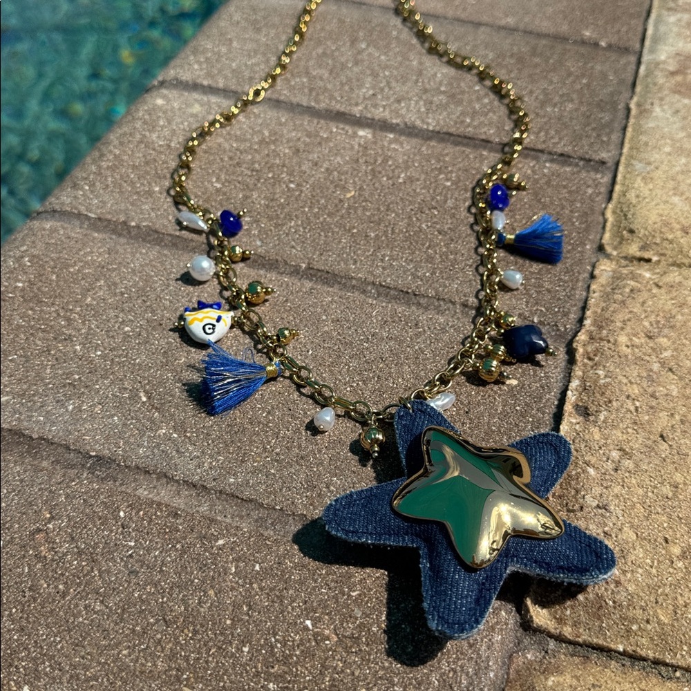 Boho Star Pendant Necklace Denim & Gold-Tone - Picture 2 of 3